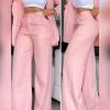 Shulemin Women Pants Suit Pocket Casual 2 Pcs/set Coat Single-breasted Turn-down Collar Long Sleeve Cardigan Jacket Wide Leg Pink S view 3