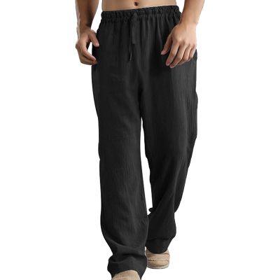 Linen Pants Men Big Tall Casual Cotton Yoga Pants with Pockets Drawstring Elastic Waist Straight-Leg Lightweight Trousers Summer Beach Golf Cotton Long Joggers Pants (C1-Black,XX-Large)