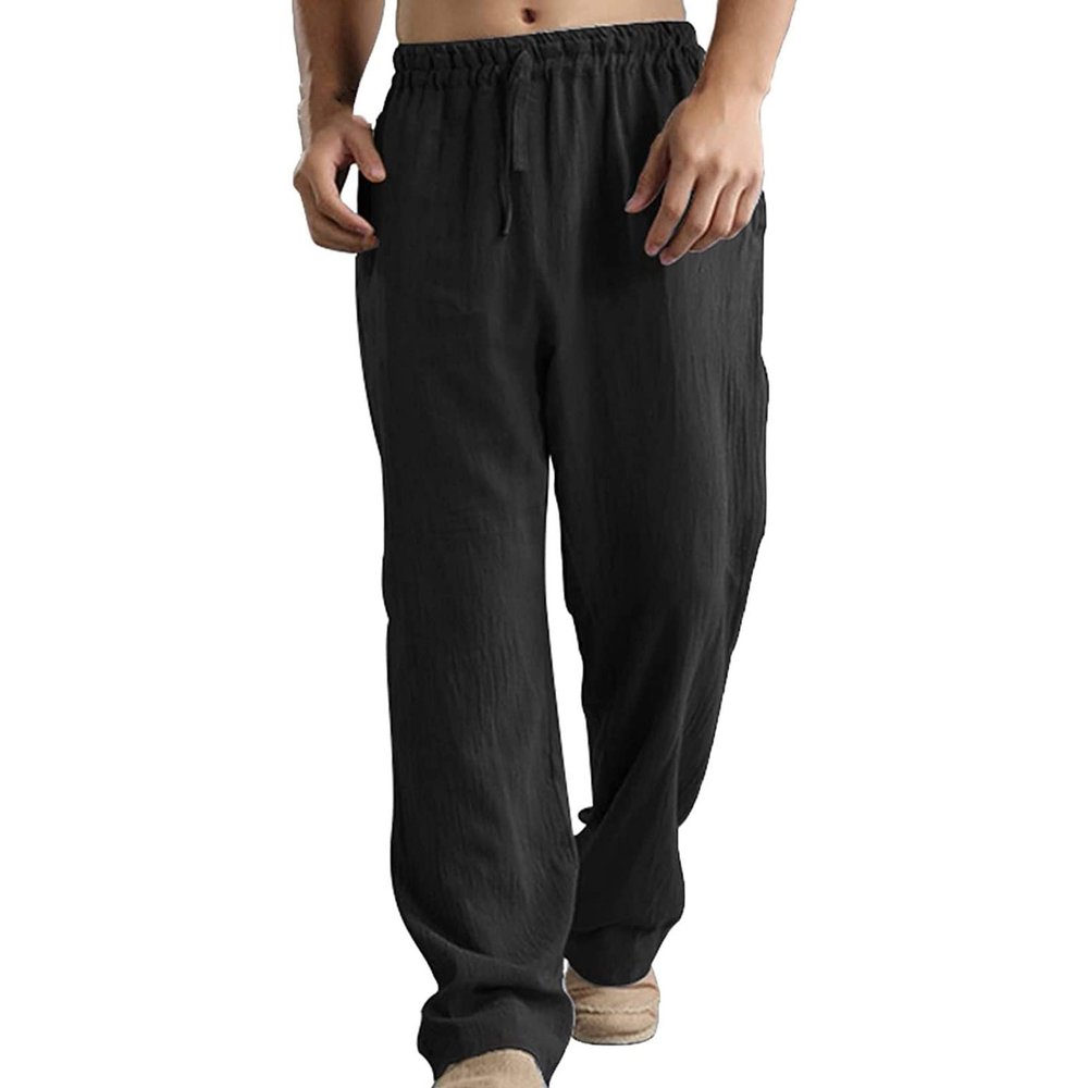 Linen Pants Men Big Tall Casual Cotton Yoga Pants with Pockets Drawstring Elastic Waist Straight-Leg Lightweight Trousers Summer Beach Golf Cotton Long Joggers Pants (C1-Black,XX-Large)
