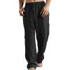 Linen Pants Men Big Tall Casual Cotton Yoga Pants with Pockets Drawstring Elastic Waist Straight-Leg Lightweight Trousers Summer Beach Golf Cotton Long Joggers Pants (C1-Black,XX-Large) view 1