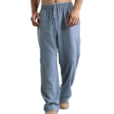 Linen Pants Men Big Tall Casual Cotton Yoga Pants with Pockets Drawstring Elastic Waist Straight-Leg Lightweight Trousers Summer Beach Golf Cotton Long Joggers Pants (C1-Blue,XX-Large)