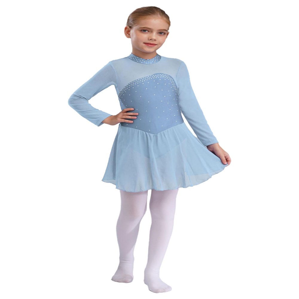 Shinsto Kids Girls Figure Ice Skating Dress Rhinestone Long Sleeve Sheer Mesh Keyhole Back Dance Leotard Dress Sky Blue 6 Years