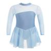 Shinsto Kids Girls Figure Ice Skating Dress Rhinestone Long Sleeve Sheer Mesh Keyhole Back Dance Leotard Dress Sky Blue 6 Years view 4