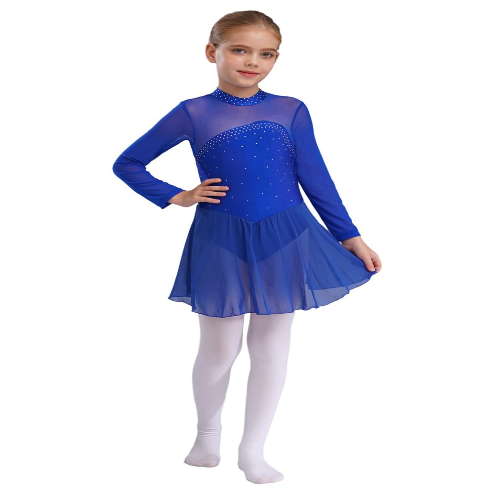 Shinsto Kids Girls Figure Ice Skating Dress Rhinestone Long Sleeve Sheer Mesh Keyhole Back Dance Leotard Dress Royal Blue 12 Years