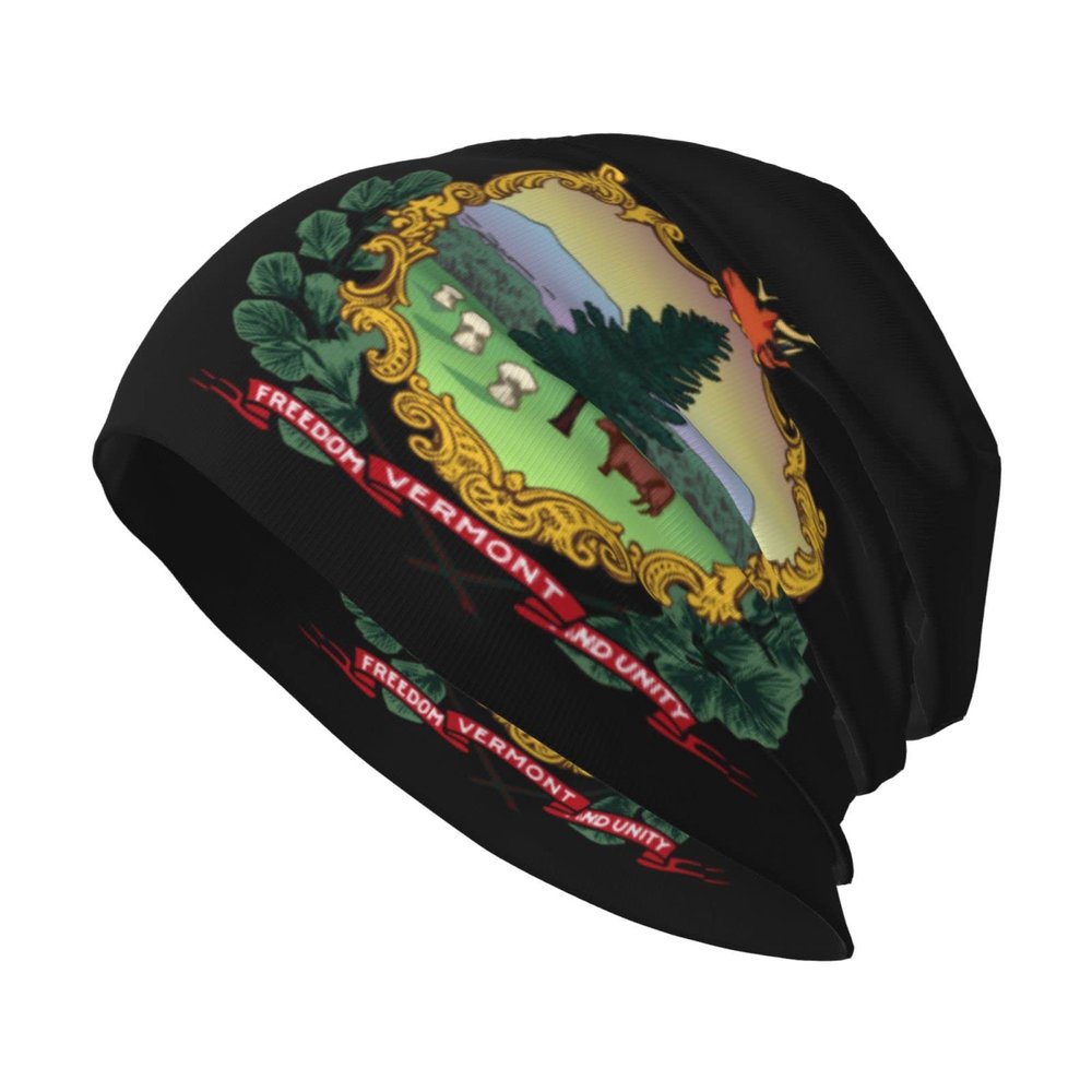 Flag of Vermont Beanie Skull Cap Warm Knit Slouchy Hat for Women Men Black
