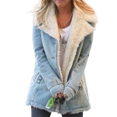 Canbebig Clearance Women's Thick Fleece Lined Button Down Mid Long Quilted Denim Jacket Overcoat