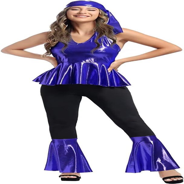 70s Outfits for Women Hippie Costumes Disco Dress Pink Halloween Cosplay Clothes Plus Size Fashion Festival Blue XL