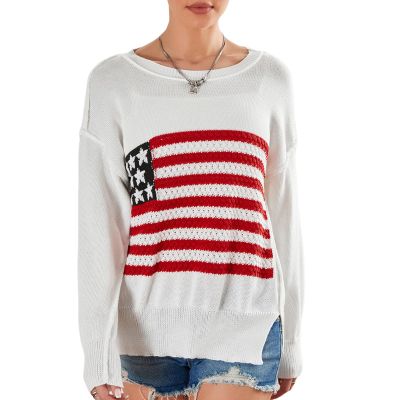 Y2k Vintage Sweater American Flag Long Sleeve Jumper Crew Neck Loose Knit Pullover Sweatshirt Preppy Striped Sweater (White A, L)