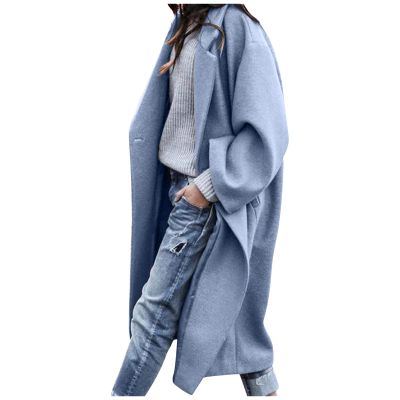 SACFOF Women's Oversized Notched Collar Wool Blend Open Front Midi Long Trench Coat Fashion Wool Blend Trench Pea Coats