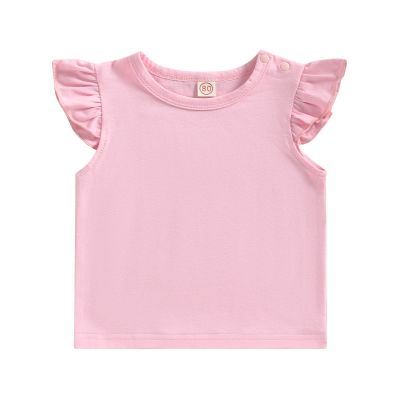 Baby Girls Short Sleeve T-Shirt Tee Ruffled Fly Sleeve Solid Basic Tops Infant Little Kids Outfit Casual Clothes (Pink, 3-4 Years)