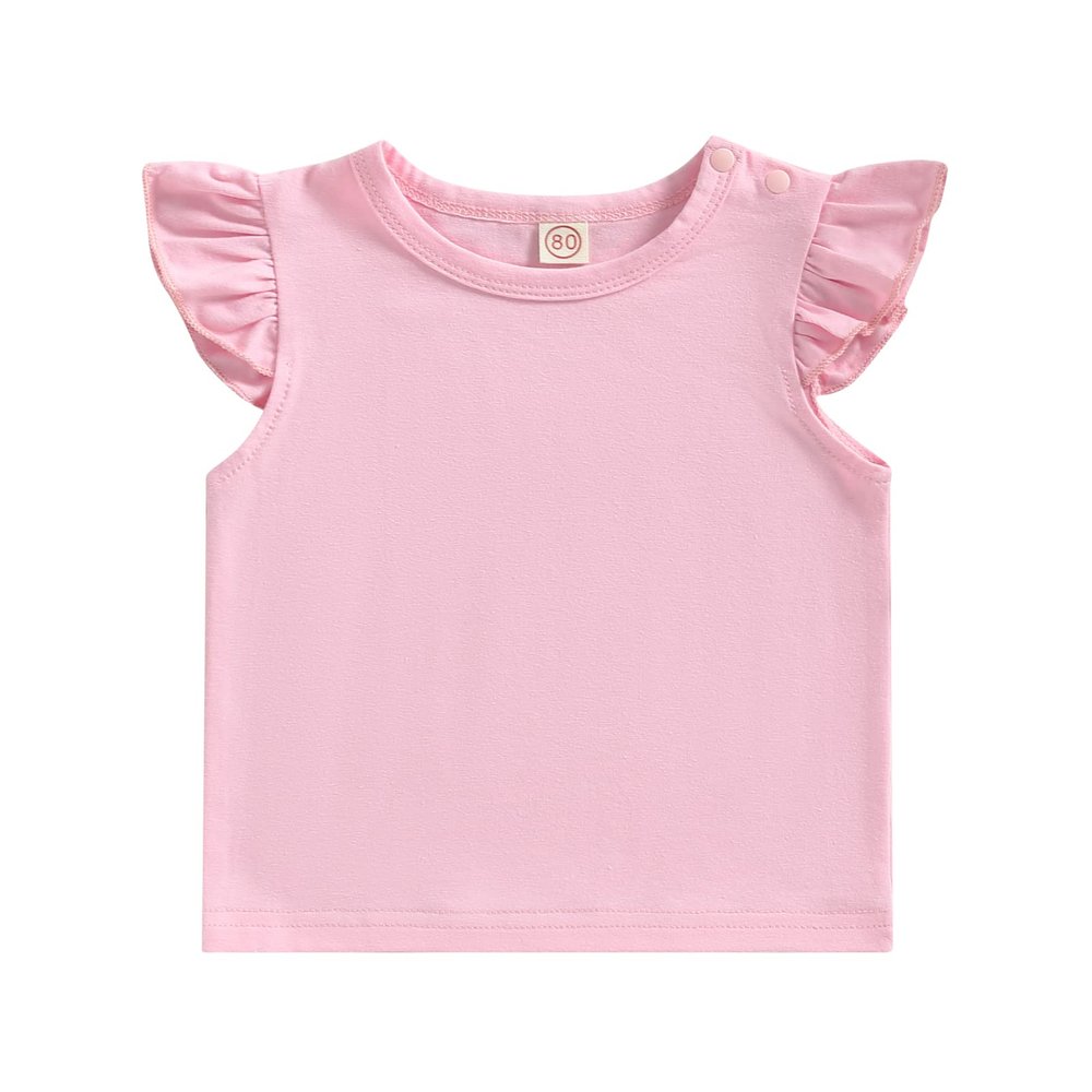 Baby Girls Short Sleeve T-Shirt Tee Ruffled Fly Sleeve Solid Basic Tops Infant Little Kids Outfit Casual Clothes (Pink, 3-4 Years)