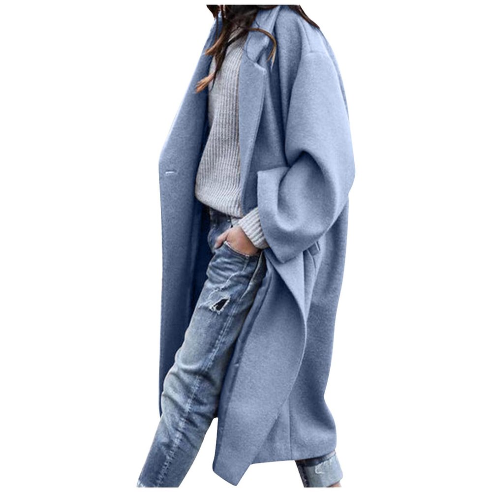SACFOF Women's Oversized Notched Collar Wool Blend Open Front Midi Long Trench Coat Fashion Wool Blend Trench Pea Coats