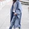 SACFOF Women's Oversized Notched Collar Wool Blend Open Front Midi Long Trench Coat Fashion Wool Blend Trench Pea Coats view 2