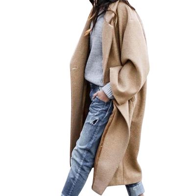 SACFOF Women's Oversized Notched Collar Wool Blend Open Front Midi Long Trench Coat Fashion Wool Blend Trench Pea Coats