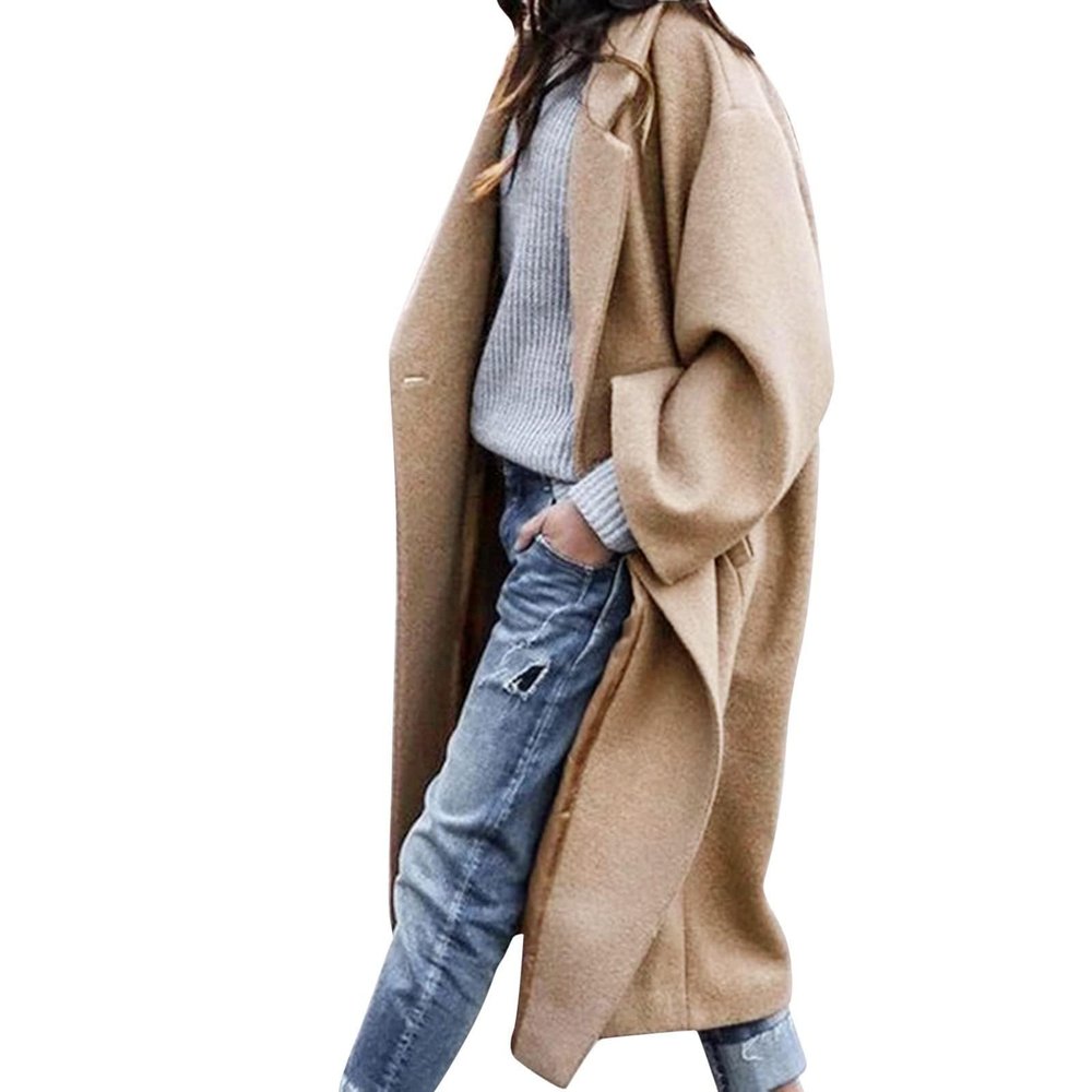 SACFOF Women's Oversized Notched Collar Wool Blend Open Front Midi Long Trench Coat Fashion Wool Blend Trench Pea Coats