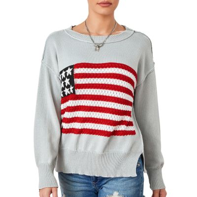 Y2k Vintage Sweater American Flag Long Sleeve Jumper Crew Neck Loose Knit Pullover Sweatshirt Preppy Striped Sweater (Gray A, M)