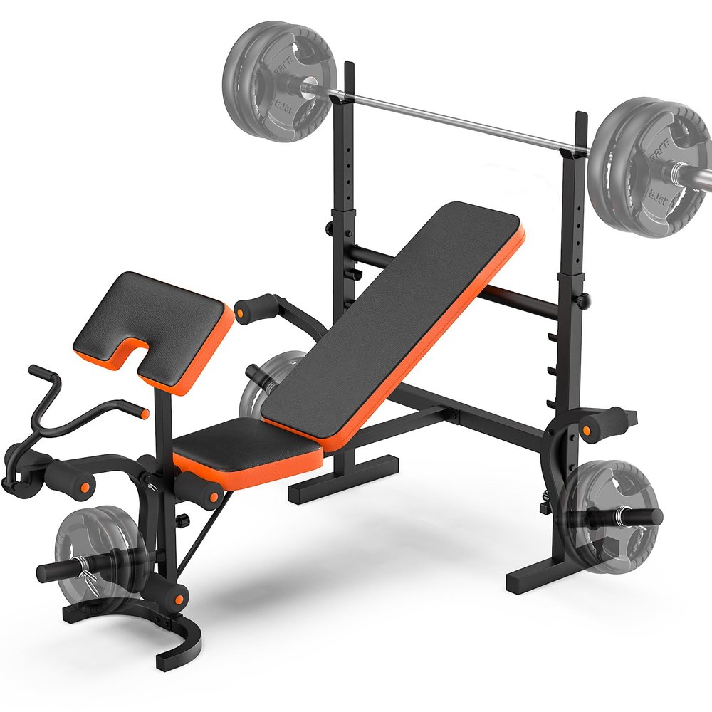 Fostoy Adjustable Weight Bench, Bench Press with Squat Rack, Olympic Weight Bench for Home Gym, Workout Bench with Preacher Curl Pad and Leg Develope for Full-Body Strength Training