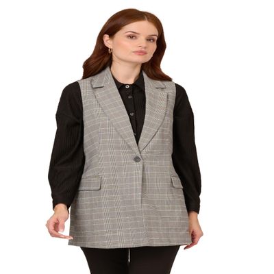 Adrianna Papell Women's Sleeveless Duster Vest Jacket, Black/Grey Glenn Plaid, L