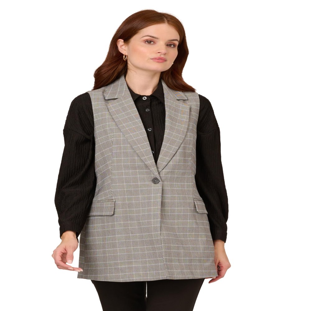 Adrianna Papell Women's Sleeveless Duster Vest Jacket, Black/Grey Glenn Plaid, L