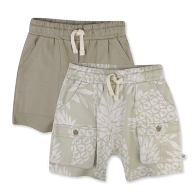 HonestBaby 2-Pack Cargo Shorts 100% Organic Cotton for Infant Baby and Toddler, Boys, Girls, Pineapple Leaf Khaki, 3-6 Months