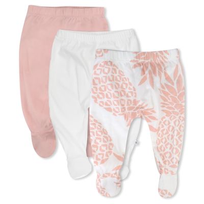 HonestBaby 3-Pack Footed Pants Roomy Fit Pull on Bottoms 100% Organic Cotton for Infant Baby Boys, Girls, Unisex, Pink Pineapple, 6M