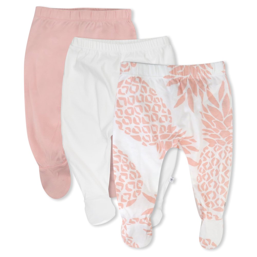 HonestBaby 3-Pack Footed Pants Roomy Fit Pull on Bottoms 100% Organic Cotton for Infant Baby Boys, Girls, Unisex, Pink Pineapple, 6M