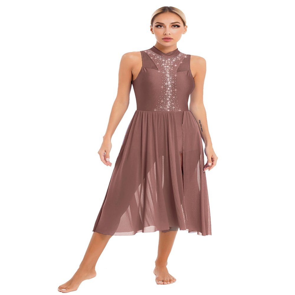 iiniim Women's Sleeveless Shiny Rhinestone Contemporary Dance Costume Sheer Mesh Lyrical Dance Dress Reddish Brown XX-Large