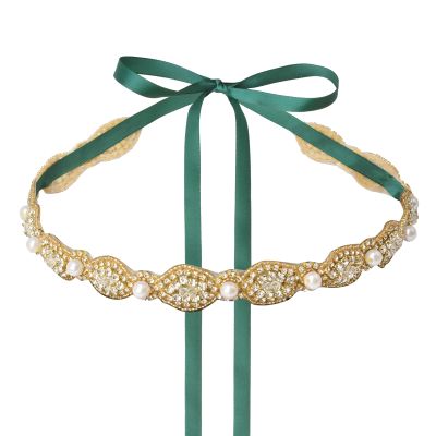 URROMA Wedding Bridal Belts, Golden Pearl Rhinestone Wedding Dress Belt Crystal Bridesmaid Sash Belt Sparkle Blackish Green Ribbon for Party Wedding Prom, 2.8 meters