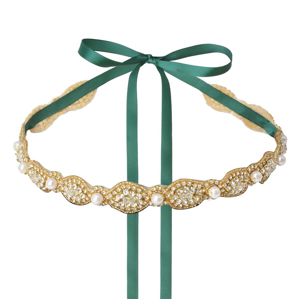 URROMA Wedding Bridal Belts, Golden Pearl Rhinestone Wedding Dress Belt Crystal Bridesmaid Sash Belt Sparkle Blackish Green Ribbon for Party Wedding Prom, 2.8 meters