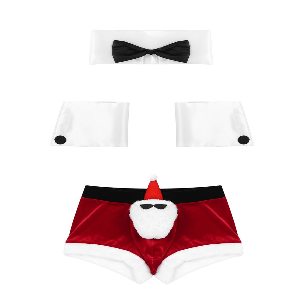 Agoky Men's Sexy Christmas Santa Claus Costume Tuxedo Bow Tie with Boxer Briefs Holiday Outfits B Red 3X-Large