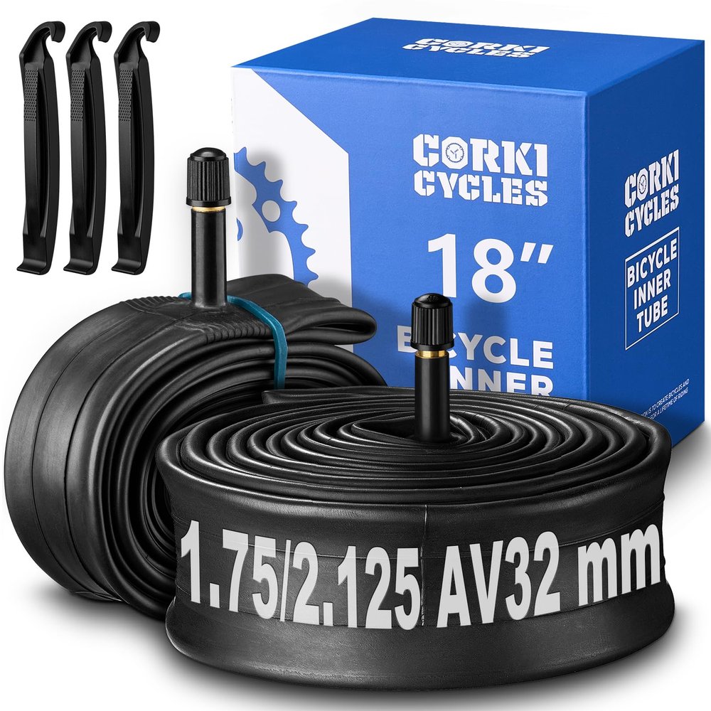 Corki Cycles 18 Bike Tube 2 Pack Durable Butyl Rubber, Fits Tire Sizes 18 x 1.75 1.95 2.0 2.1 2.125 (Removable Schrader Valve 32mm)