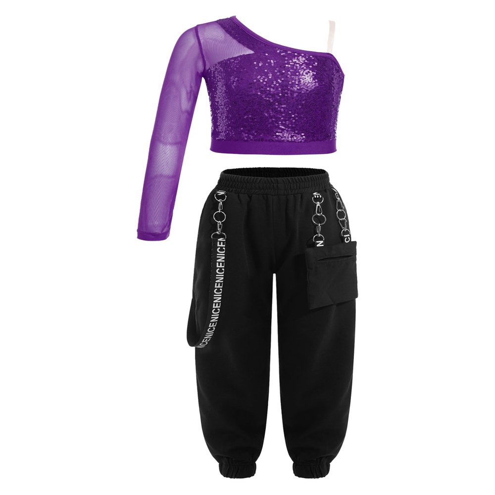 JEATHA Kids Girls Hip Hop Dance Outfits 2-Piece Shiny Sequins Crop Tops with Chain Pocket Jogger Pants Set Purple 6 Years