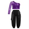 JEATHA Kids Girls Hip Hop Dance Outfits 2-Piece Shiny Sequins Crop Tops with Chain Pocket Jogger Pants Set Purple 6 Years view 1