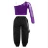 JEATHA Kids Girls Hip Hop Dance Outfits 2-Piece Shiny Sequins Crop Tops with Chain Pocket Jogger Pants Set Purple 6 Years view 2