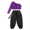JEATHA Kids Girls Hip Hop Dance Outfits 2-Piece Shiny Sequins Crop Tops with Chain Pocket Jogger Pants Set Purple 6 Years view 3