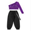JEATHA Kids Girls Hip Hop Dance Outfits 2-Piece Shiny Sequins Crop Tops with Chain Pocket Jogger Pants Set Purple 6 Years view 4