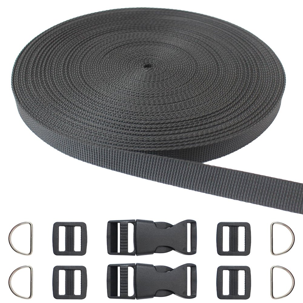 5/8 inch Black Nylon Webbing Strap For Sewing 45ft Flat Heavyweight Webbing Strapping with Plastic Buckles for Handbag, Indoor&Outdoor Gear, Pet Collars, DIY Projects, Crafts, Repairing ( ZH217)