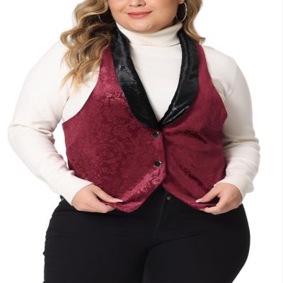 Agnes Orinda Plus Size Women's Vest Jacket Vintage Jacquard Lapel Collar Button Velvet Waistcoats 1X Burgundy