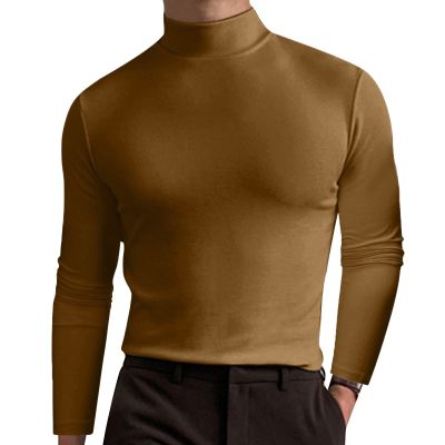 Mens Slim Fit Turtleneck T Shirts Long Sleeve Soft Comfy Stretch T-Shirts Casual Lightweight Thermal Pullover Sweater Tops Brown