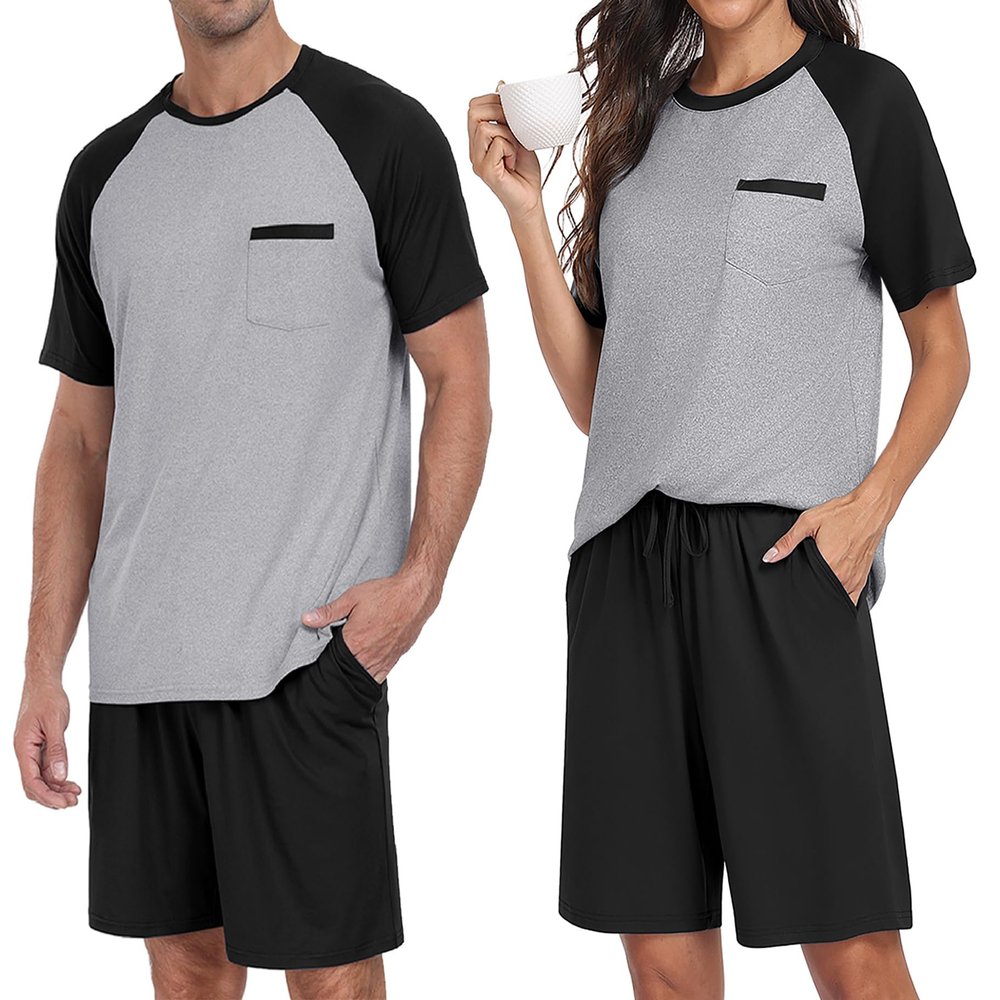 PrinStory Men's Pajama Set Sleepwear Pjs Lightweight Short Sleeve Crewneck Shirts and Shorts Soft Comfy Sleep Sets Black US S