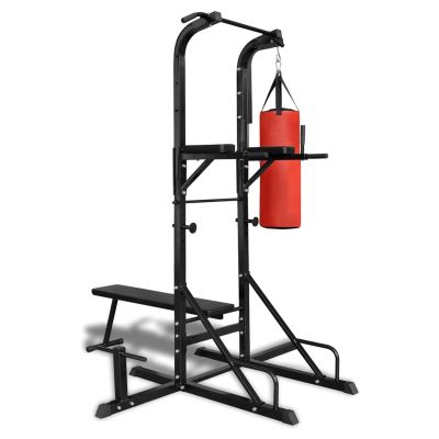 Gecheer Power Tower with Sit-up Bench and Boxing Bag, Multi-Functional Exercise Equipment for Home Gym, Black Powder-Coated Steel, Max Load 220 lb, for Strength Training and Muscle Building