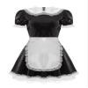 ACSUSS Women's Shiny Leather French Maid Cosplay Costume Mini Dress with Apron Fancy Dress Black Large view 3