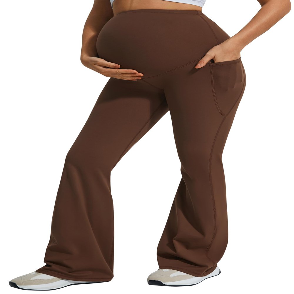 JOYSPELS Maternity Flare Leggings Over The Belly with Pockets Soft, Comfortable Pregnancy Yoga & Daily & Work Pants Coffee