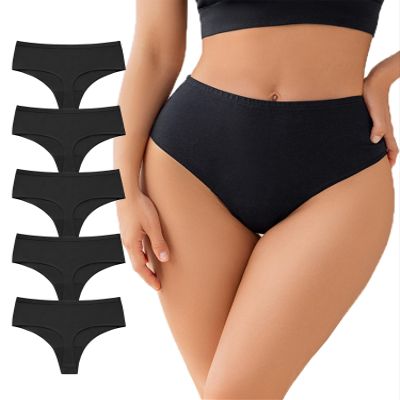 abandi Women's Cotton Thongs, High Waisted Thong Underwear, Seamless Thong Panties, Comfortable Undies 5 Pack, Black Size S