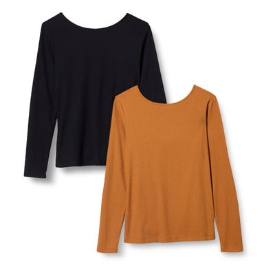 Amazon Essentials Women's Scoop Back Long Sleeve Slim-Fit Rib-Knit T-Shirt, Pack of 2, Black/Caramel, Small