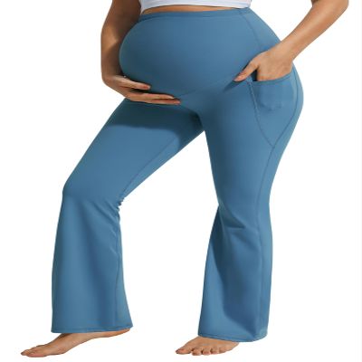 JOYSPELS Maternity Flare Leggings Over The Belly with Pockets Soft, Comfortable Pregnancy Yoga & Daily & Work Pants Blue Steel