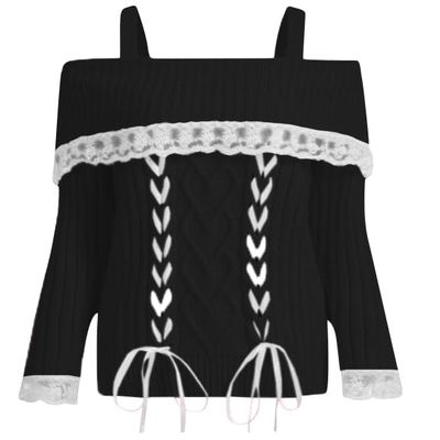 Adoeren Women Off Shoulder Sweater Cute Long Sleeve Lace Trim Knit Top Fall Fashion Y2k Knitted Pullover Jumper Fairycore(A Black,L)