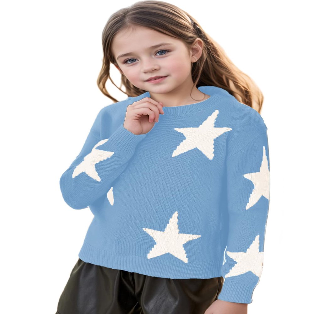 WDIRARA Girl's Star Printed Round Neck Long Sleeve Sweater Casual Drop Shoulder Pullover Knitwear Blue and White 10Y