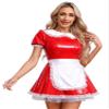 ACSUSS Women's Shiny Leather French Maid Cosplay Costume Mini Dress with Apron Fancy Dress Red 4X-Large view 1