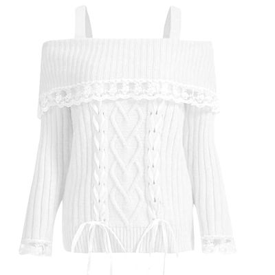 Adoeren Women Off Shoulder Sweater Cute Long Sleeve Lace Trim Knit Top Fall Fashion Y2k Knitted Pullover Jumper Fairycore(A White,L)